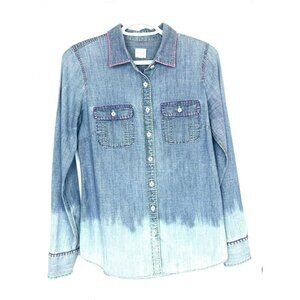 J Crew Factory The Perfect Shirt XS Chambray Roll Tab Sleeve Embroidered Blue